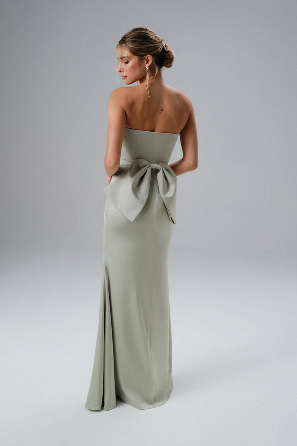 lavish alice JOVIE Bow Detail Bandeau Satin Maxi Dress in Sage Green