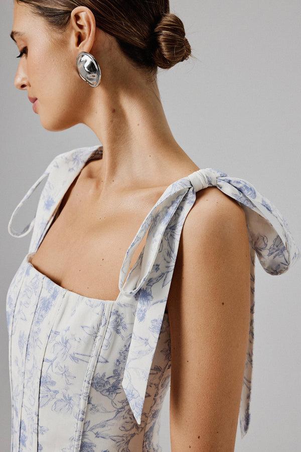 Lavish Alice JULIETTE Tie Shoulder Bubble Hem Mini Dress In Blue Porcelain