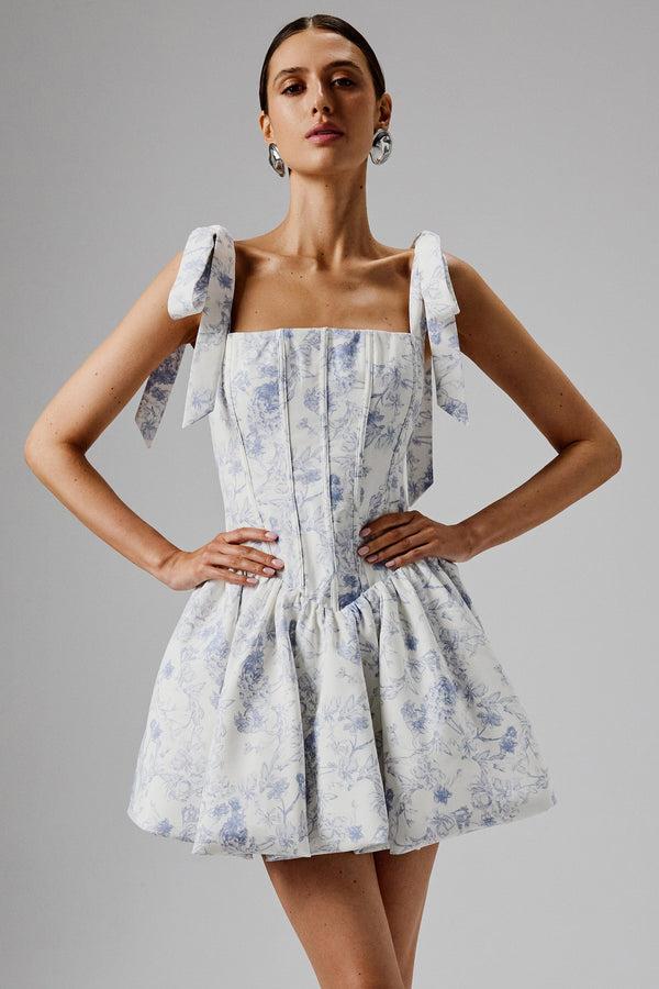 Lavish Alice JULIETTE Tie Shoulder Bubble Hem Mini Dress In Blue Porcelain