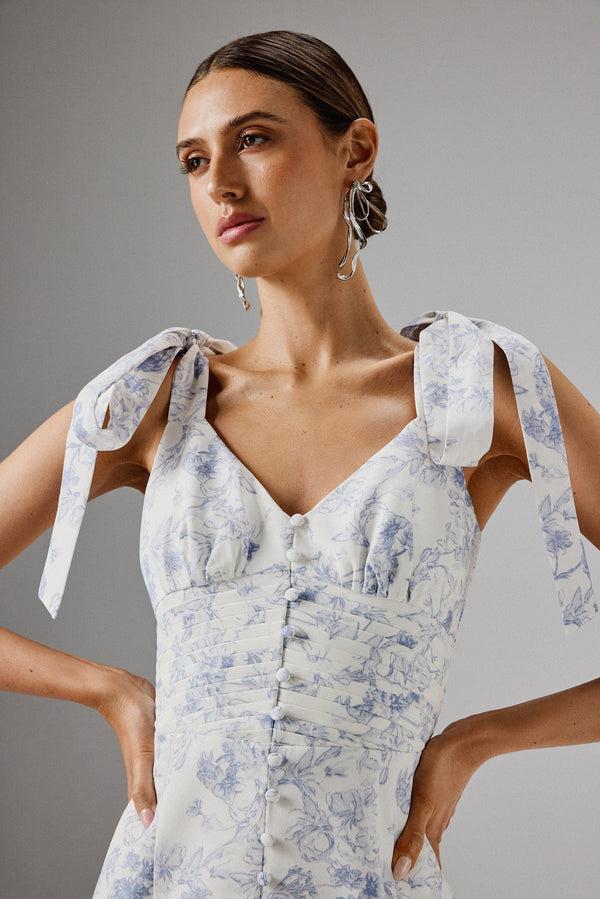 Lavish Alice KAMILA Tie Strap Micro Button Crepe Midi Dress In Blue Porcelain Print