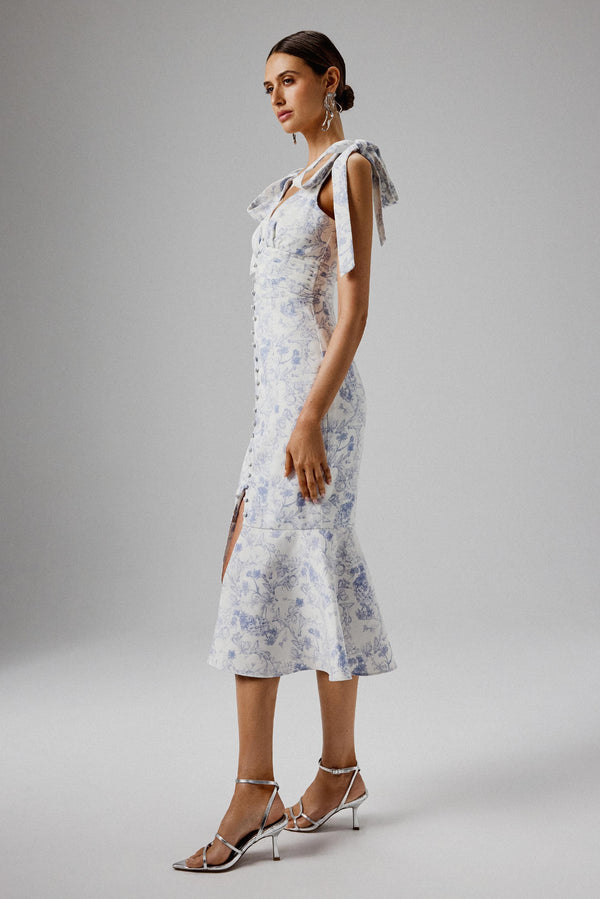 Lavish Alice KAMILA Tie Strap Micro Button Crepe Midi Dress In Blue Porcelain Print
