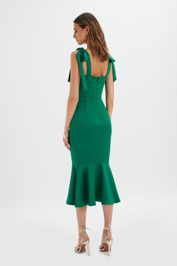 Lavish Alice KAMILA Tie Strap Micro Button Satin Midi Dress In Emerald Green