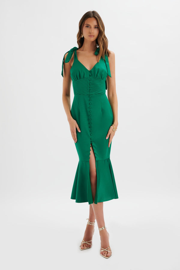 lavish alice KAMILA Tie Strap Micro Button Satin Midi Dress in Emerald Green
