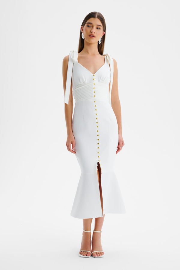 Lavish Alice KAMILA Tie Strap Micro Shell Button Midi Dress In White