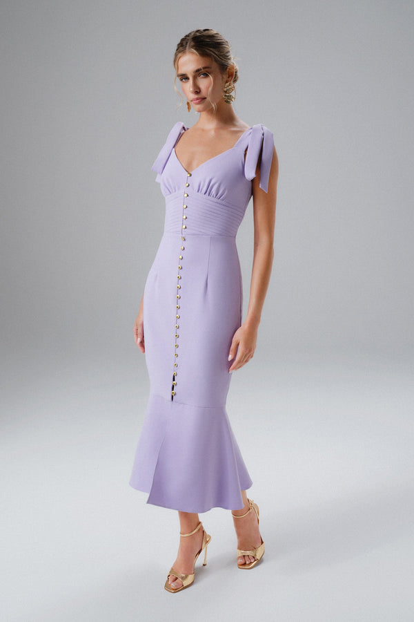 Lavish Alice KAMILA Tie Strap Micro Shell Button Midi Dress In Lilac