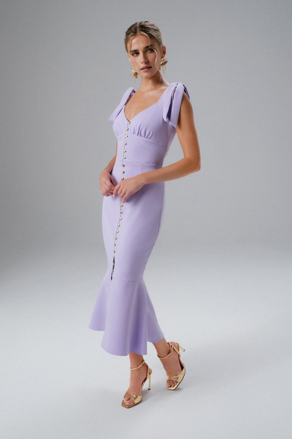 lavish alice KAMILA Tie Strap Micro Shell Button Midi Dress in Lilac