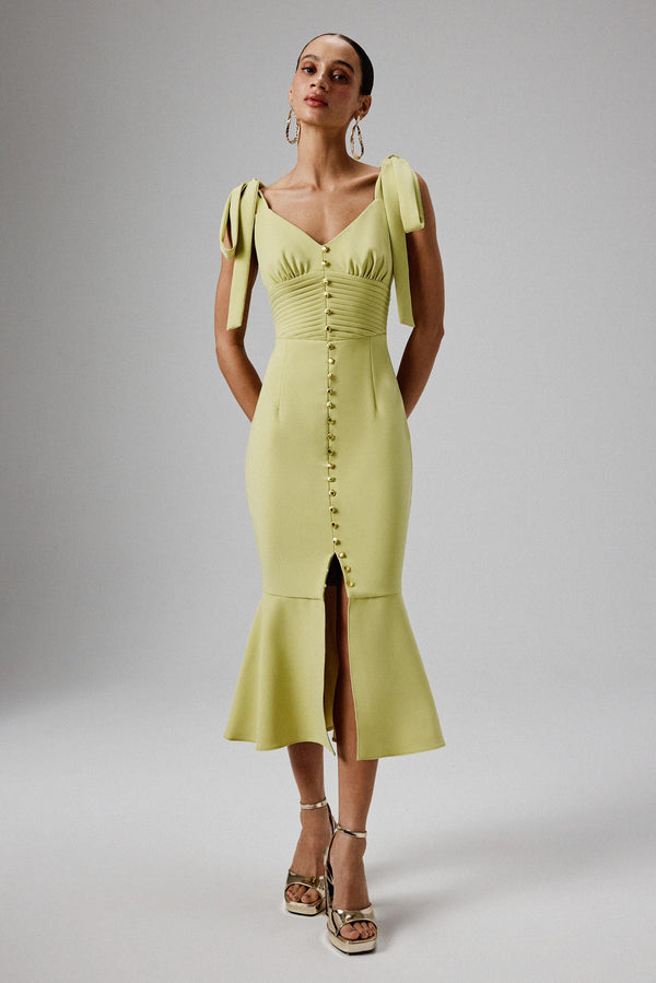 lavish alice KAMILA Tie Strap Micro Shell Button Midi Dress in Lime Green lavish alice KAMILA Tie Strap Micro Shell Button Midi Dress in Lime Green