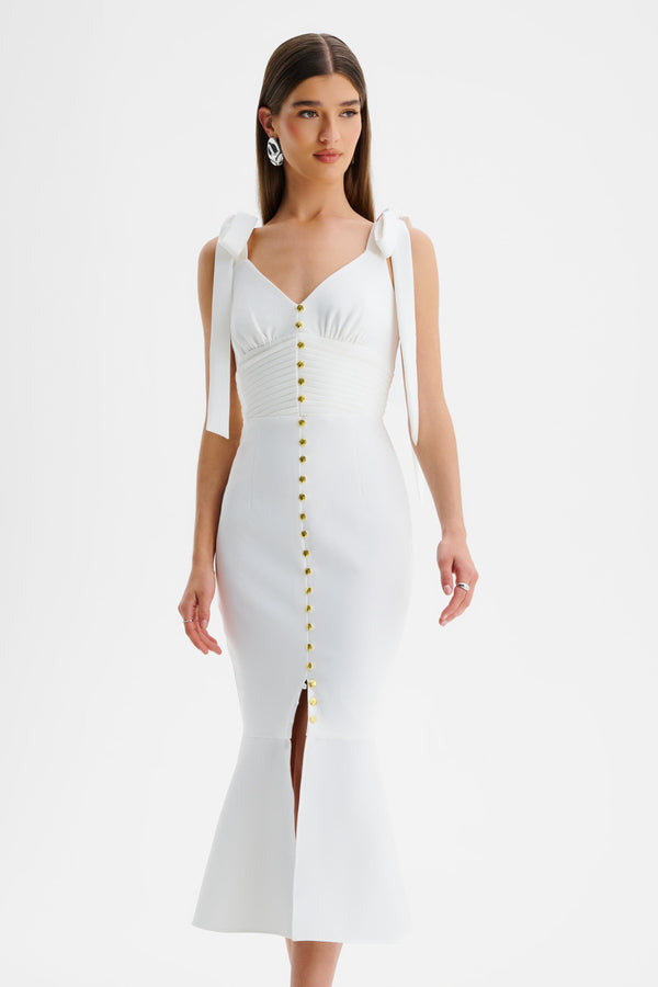 lavish alice KAMILA Tie Strap Micro Shell Button Midi Dress in White