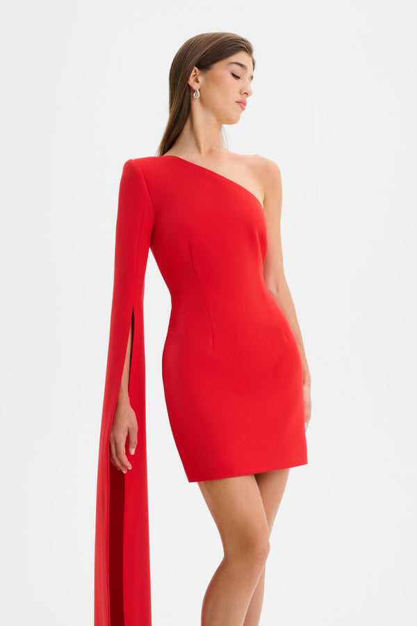 Lavish Alice KATIE One Shoulder Cape Sleeve Mini Dress In Red