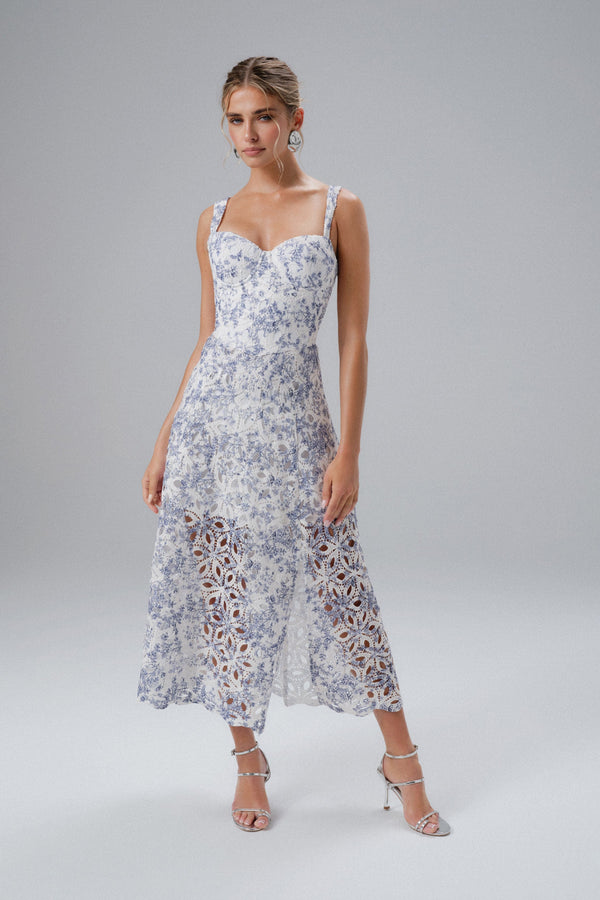 lavish alice KIRA Broderie Anglais A-Line Midi Sundress in Blue Porcelain Print