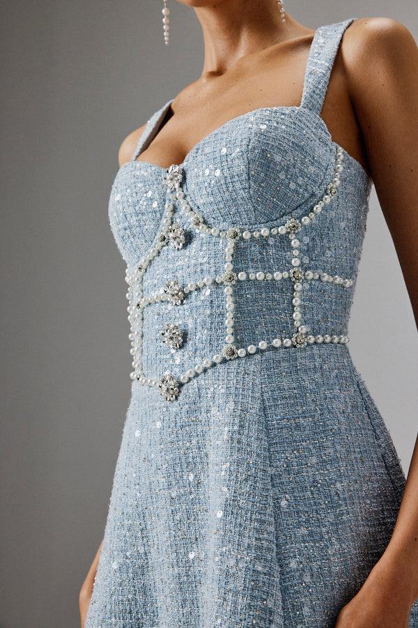 Lavish Alice KIRA Pearl Embellished Boucle A Line Midi Dress In Blue