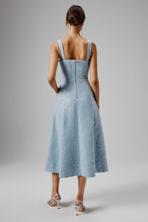 Lavish Alice KIRA Pearl Embellished Boucle A Line Midi Dress In Blue