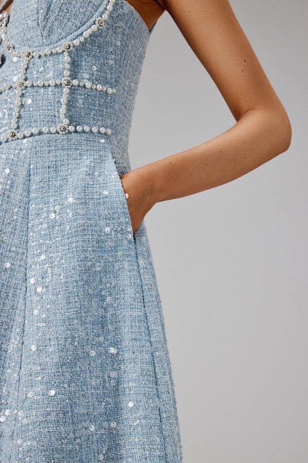 Lavish Alice KIRA Pearl Embellished Boucle A Line Midi Dress In Blue