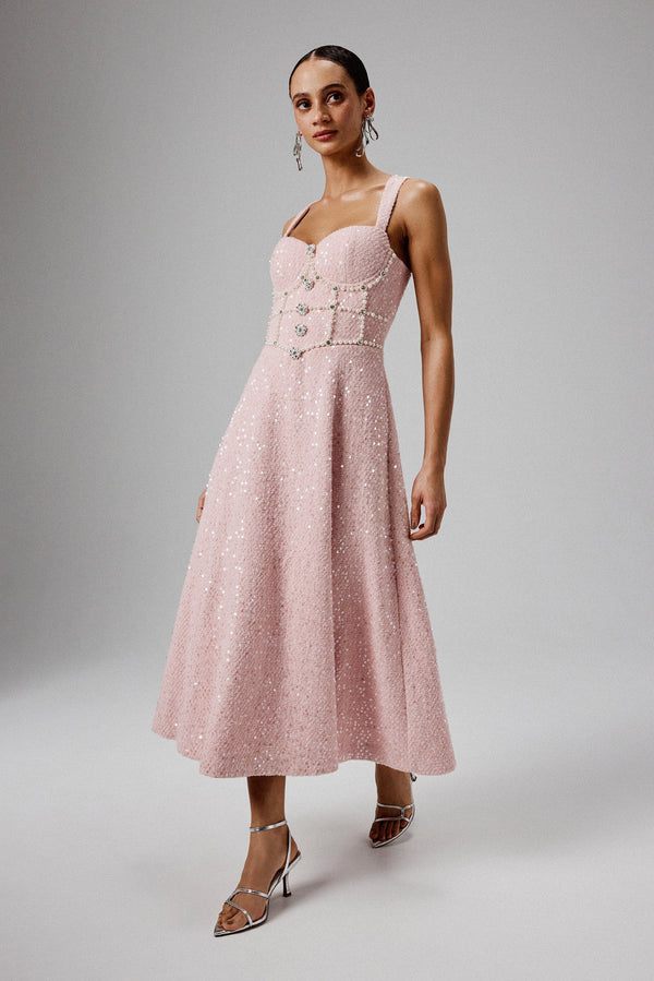 Lavish Alice KIRA Pearl Embellished Boucle A Line Midi Dress In Pink