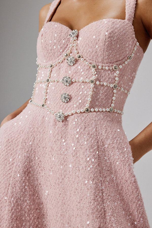 Lavish Alice KIRA Pearl Embellished Boucle A Line Midi Dress In Pink