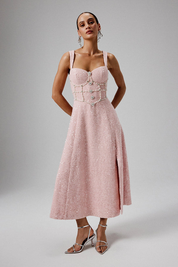 lavish alice KIRA Pearl Embellished Boucle A Line Midi Dress in Pink lavish alice KIRA Pearl Embellished Boucle A Line Midi Dress in Pink