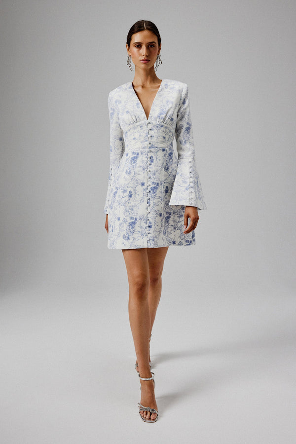 Lavish Alice LARA Fluted Sleeve Micro Button Mini Dress In Blue Porcelain