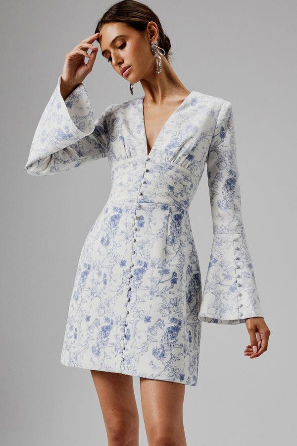 lavish alice LARA Fluted Sleeve Micro Button Mini Dress in Blue Porcelain lavish alice LARA Fluted Sleeve Micro Button Mini Dress in Blue Porcelain