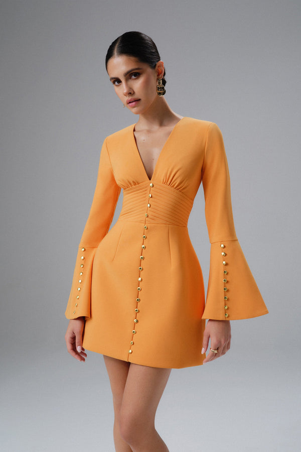 lavish alice LARA Fluted Sleeve Micro Button Mini Dress in Orange