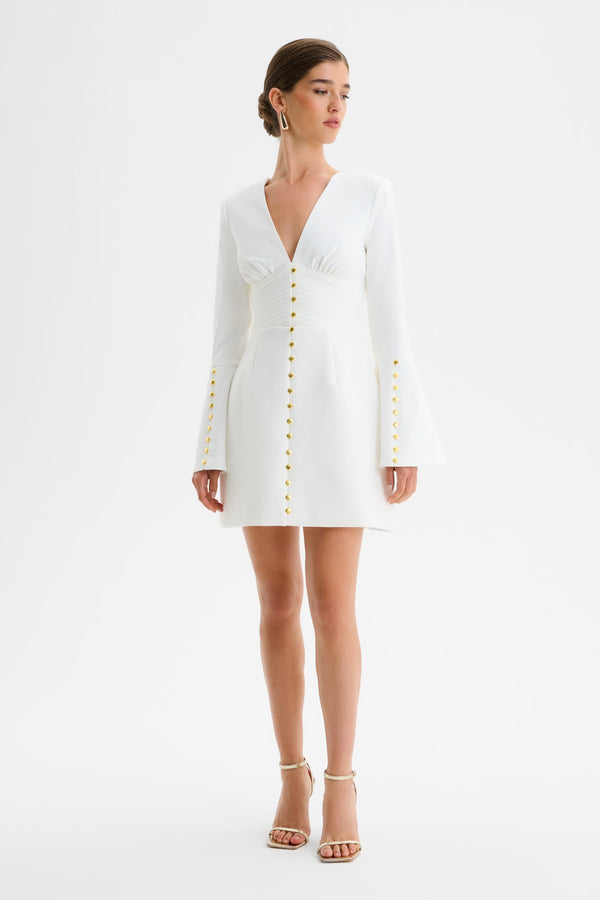 Lavish Alice LARA Fluted Sleeve Micro Shell Button Mini Dress In White