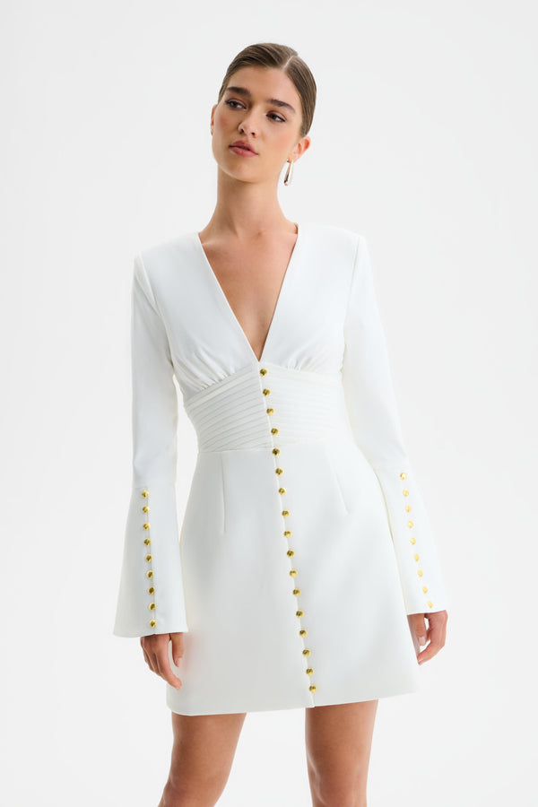 Lavish Alice LARA Fluted Sleeve Micro Shell Button Mini Dress In White