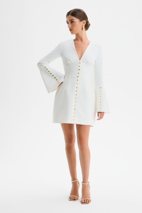 Lavish Alice LARA Fluted Sleeve Micro Shell Button Mini Dress In White