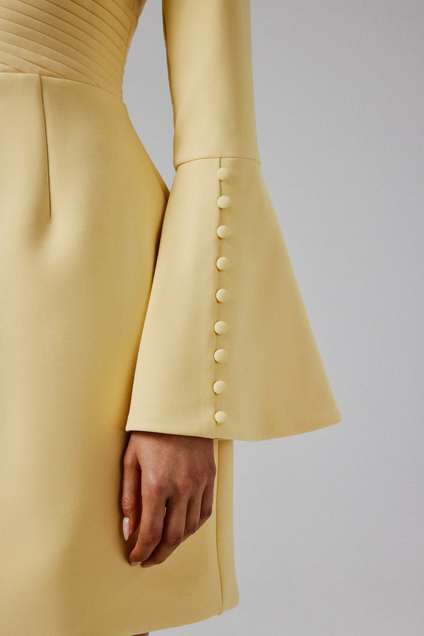 Lavish Alice LARA Fluted Sleeve Micro Shell Button Mini Dress In Yellow