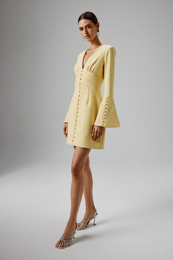 lavish alice LARA Fluted Sleeve Micro Shell Button Mini Dress in Yellow