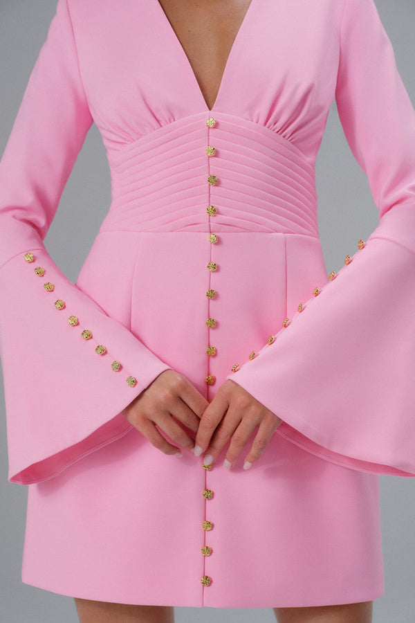 Lavish Alice LARA Fluted Sleeve Micro Shell Button Mini Dress In Pink