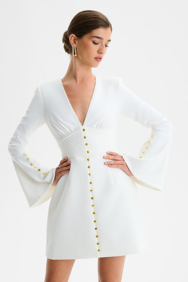 lavish alice LARA Fluted Sleeve Micro Shell Button Mini Dress in White