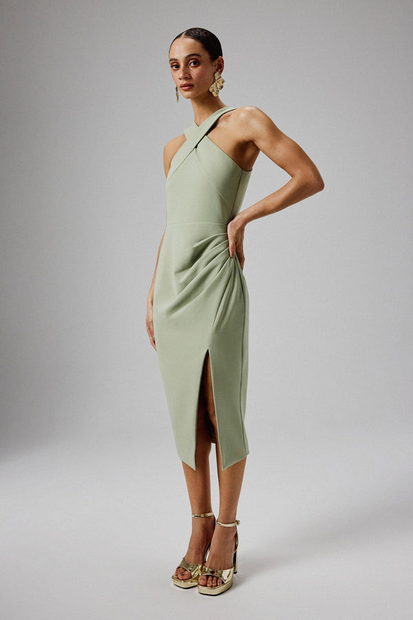 Lavish Alice LENA Wrap Halterneck Midi Dress In Sage Green