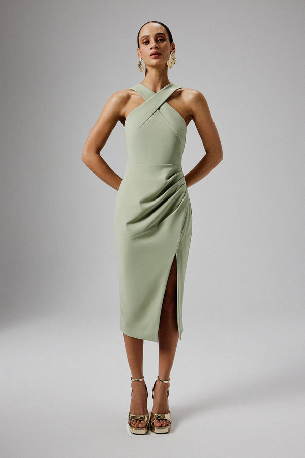 lavish alice LENA Wrap Halterneck Midi Dress in Sage Green
