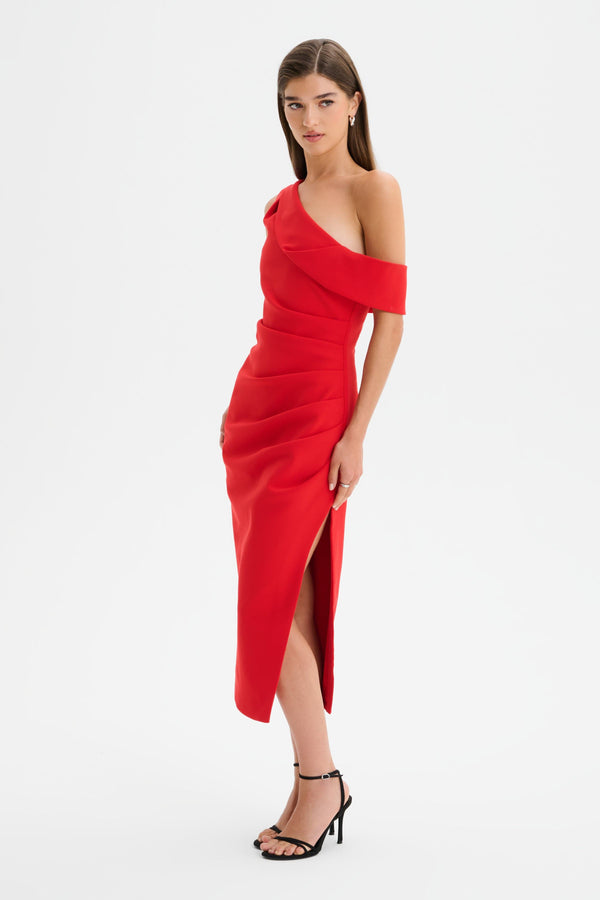 Lavish Alice LINA One Shoulder Pleated Midi Dress In Red