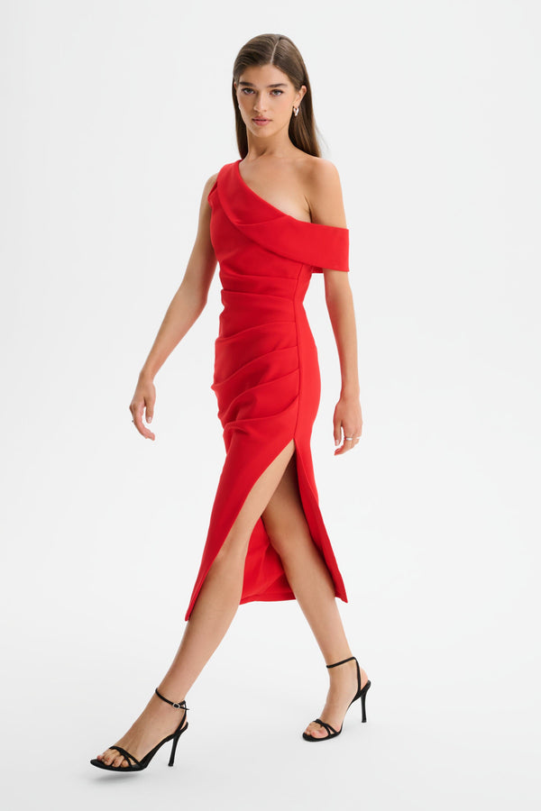 Lavish Alice LINA One Shoulder Pleated Midi Dress In Red