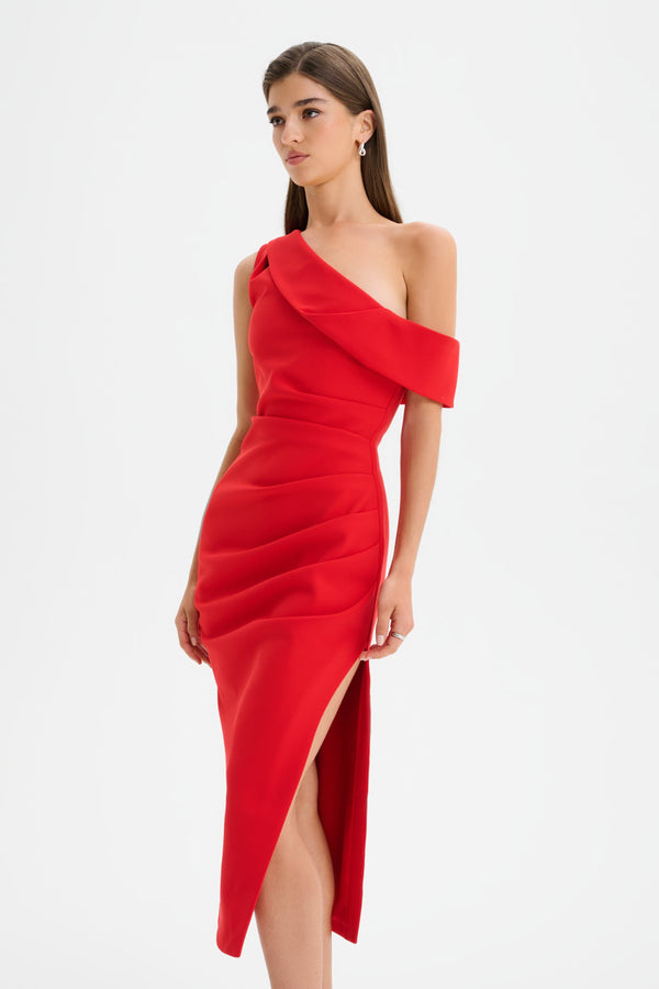 Lavish Alice LINA One Shoulder Pleated Midi Dress In Red