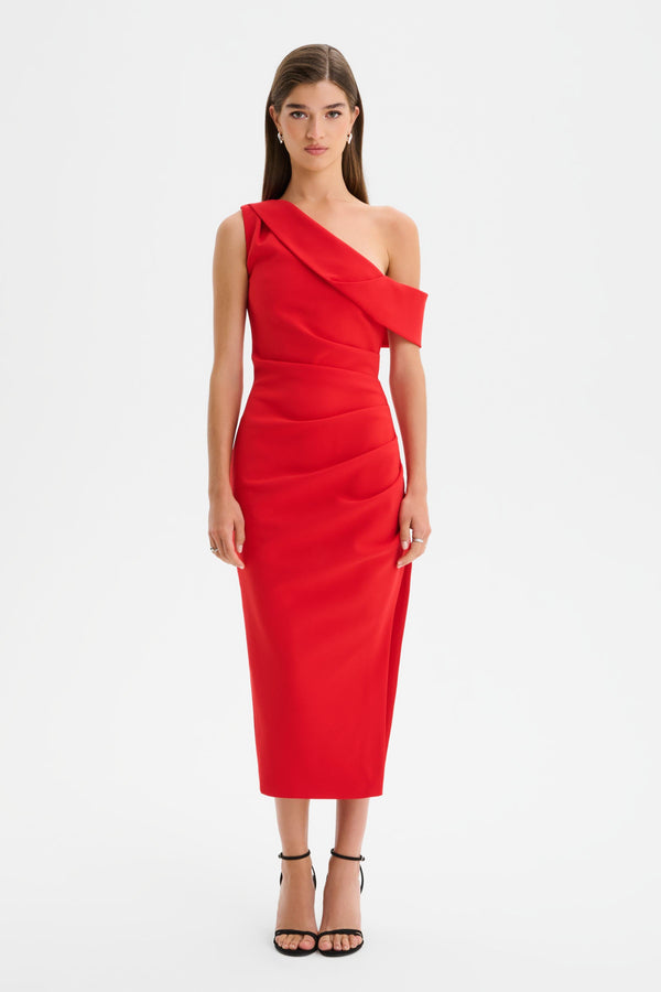 lavish alice LINA One Shoulder Pleated Midi Dress in Red