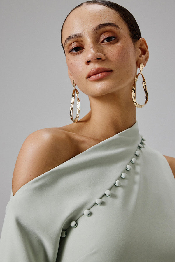 Lavish Alice MADDIE Asymmetric Split Shoulder Midi Dress In Sage Green