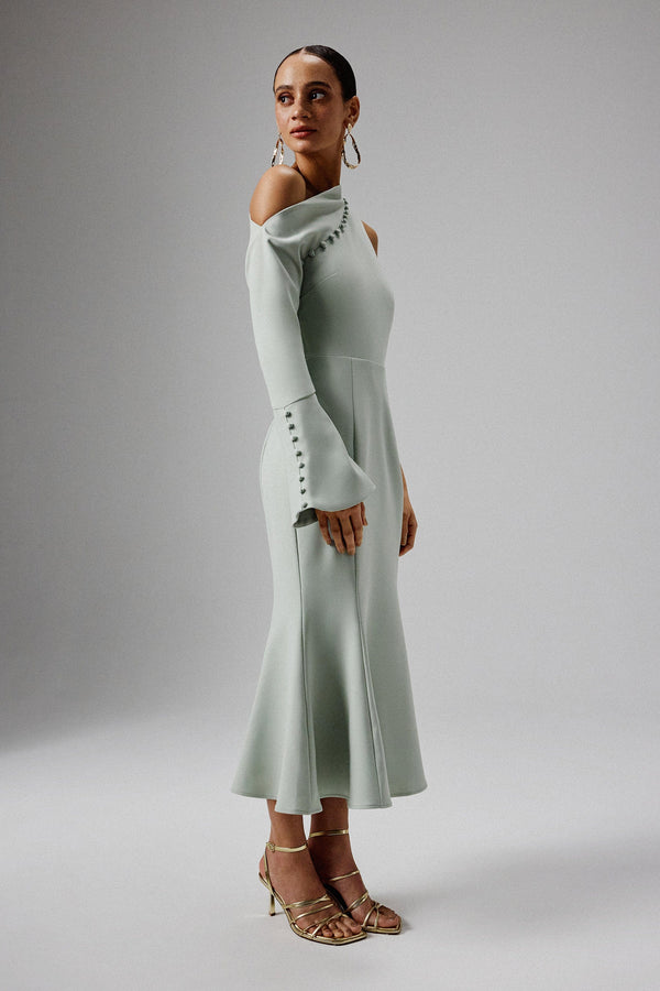 Lavish Alice MADDIE Asymmetric Split Shoulder Midi Dress In Sage Green