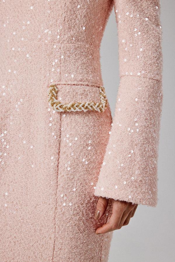 Lavish Alice MANDI Sequin Boucle Bardot Long Midi Dress In Pink