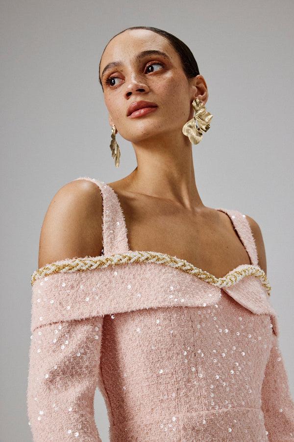 Lavish Alice MANDI Sequin Boucle Bardot Long Midi Dress In Pink