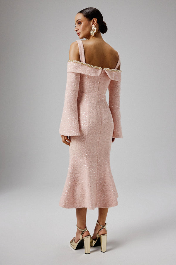 Lavish Alice MANDI Sequin Boucle Bardot Long Midi Dress In Pink