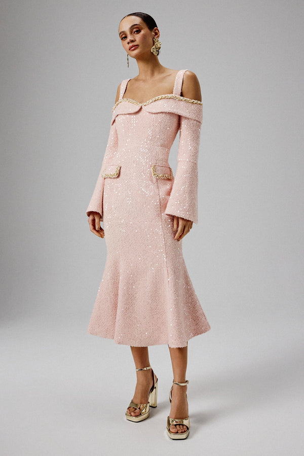 lavish alice MANDI Sequin Boucle Bardot Long Midi Dress in Pink lavish alice MANDI Sequin Boucle Bardot Long Midi Dress in Pink