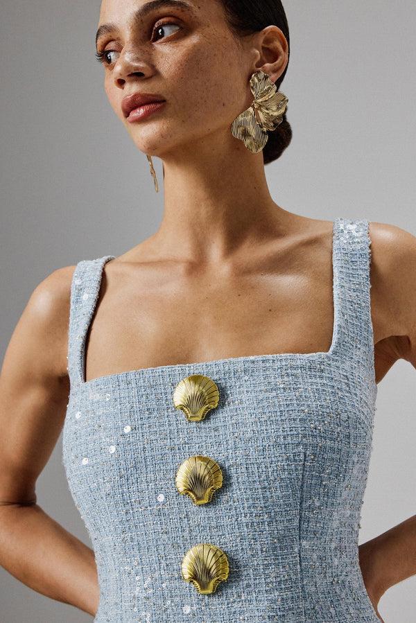 Lavish Alice MARIE Square Neck Boucle Midi Dress With Shell Embellishment In Blue