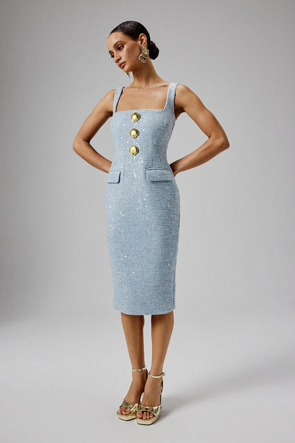 lavish alice MARIE Square Neck Boucle Midi Dress with Shell Embellishment in Blue