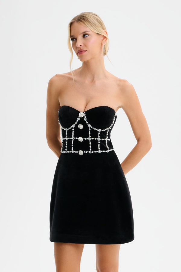 Lavish Alice MASIE Pearl Embellished Velvet Tulip Dress In Black