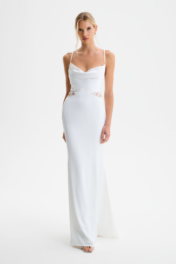 lavish alice MAY Lace Insert Satin Maxi Dress in White