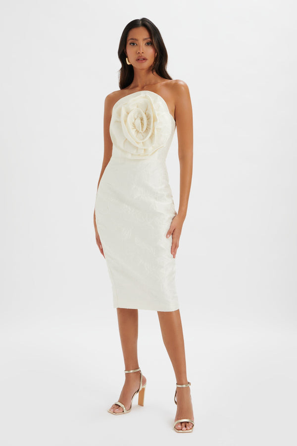 Lavish Alice MONTANA 3D Flower Bandeau Midi Dress In White Jacquard