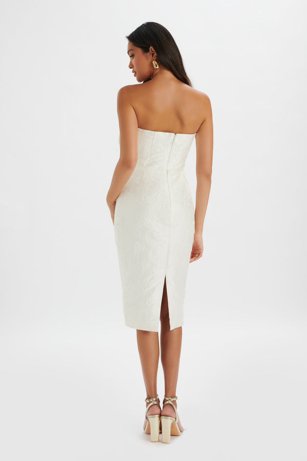 Lavish Alice MONTANA 3D Flower Bandeau Midi Dress In White Jacquard