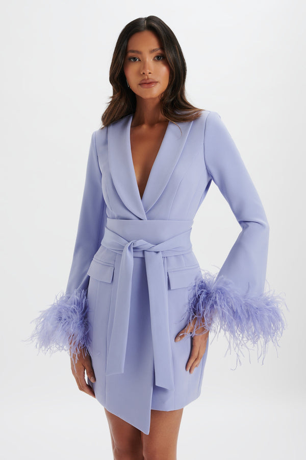 Lavish Alice NIKOLA Feather Cuff Blazer Mini Dress In Cornflower Blue