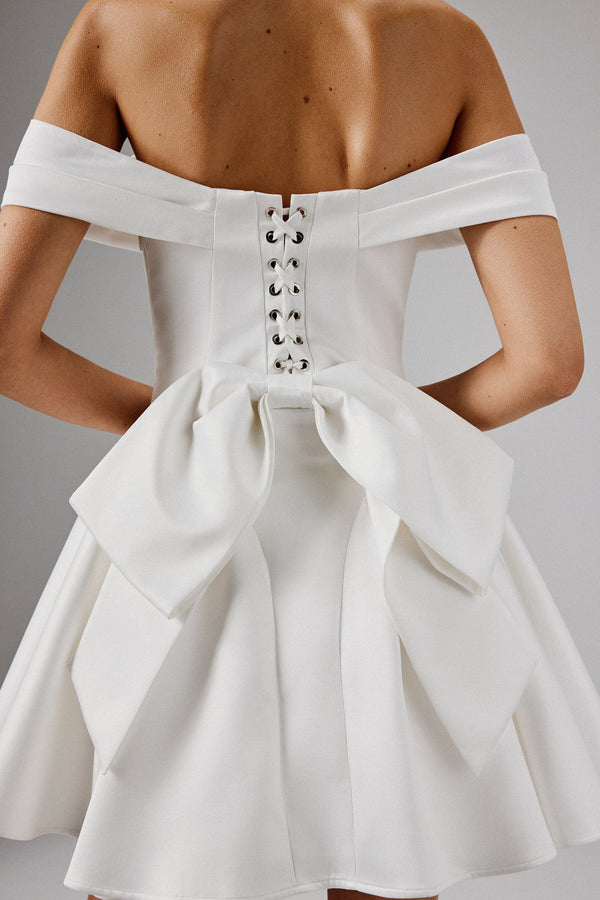 Lavish Alice ORLY Off Shoulder Volume Flared Mini Dress In White
